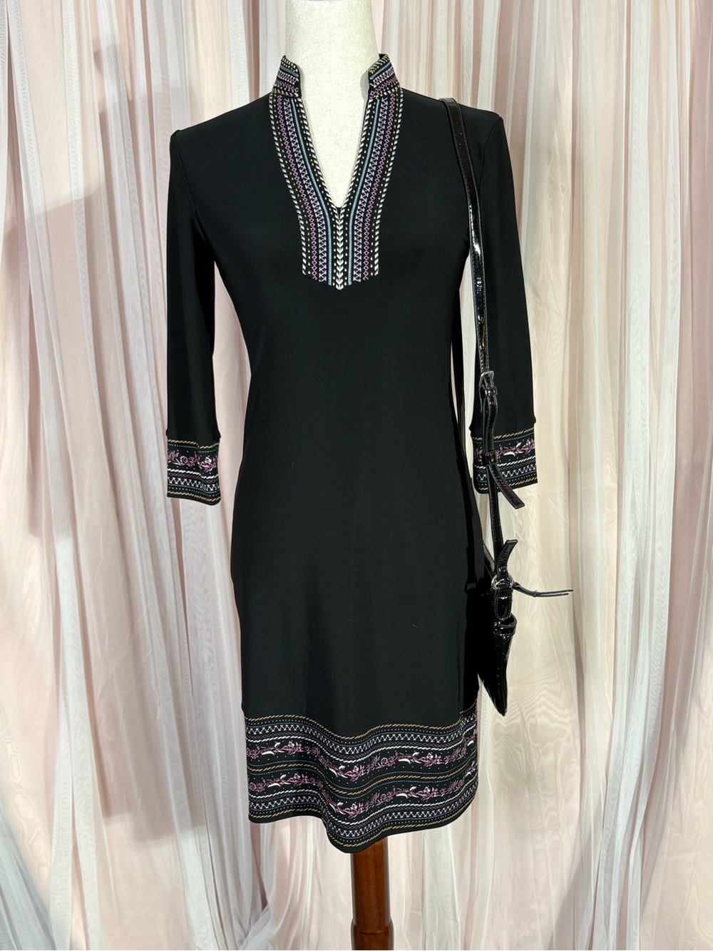 White House Black Market XXS Black Embroidered Border Tunic Dress 3/4 Sleeve